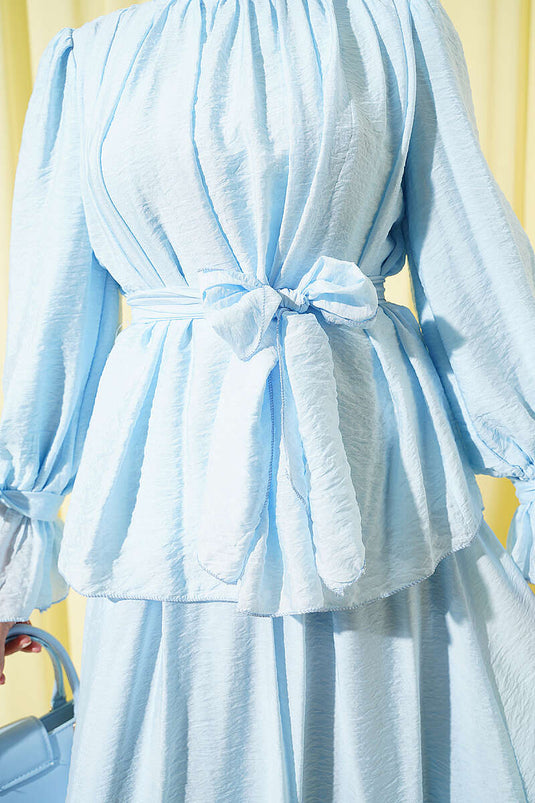 Ensemble Deux Pièces Modeste avec Jupe à Ceinture Blanche Bleu