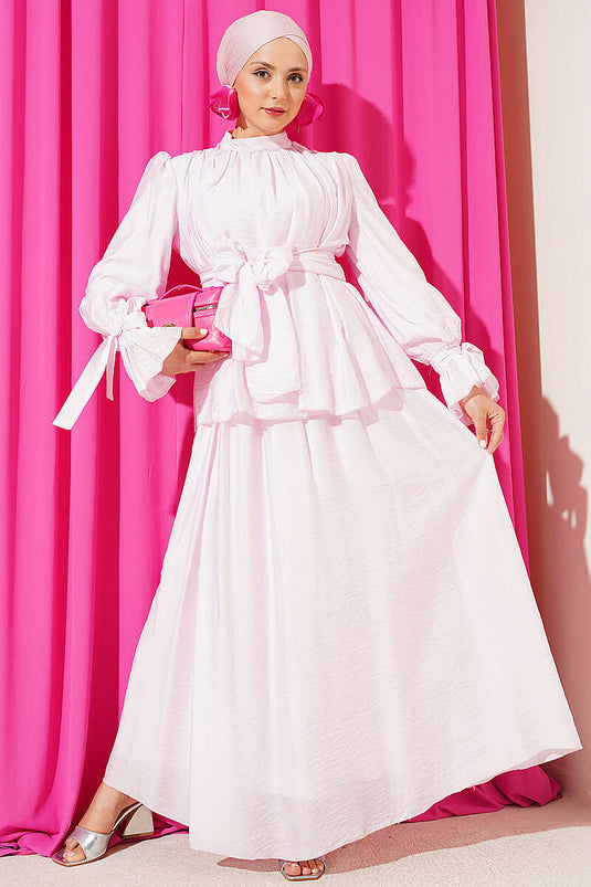 Ensemble Deux Pièces Modeste avec Jupe à Ceinture Blanche Rose