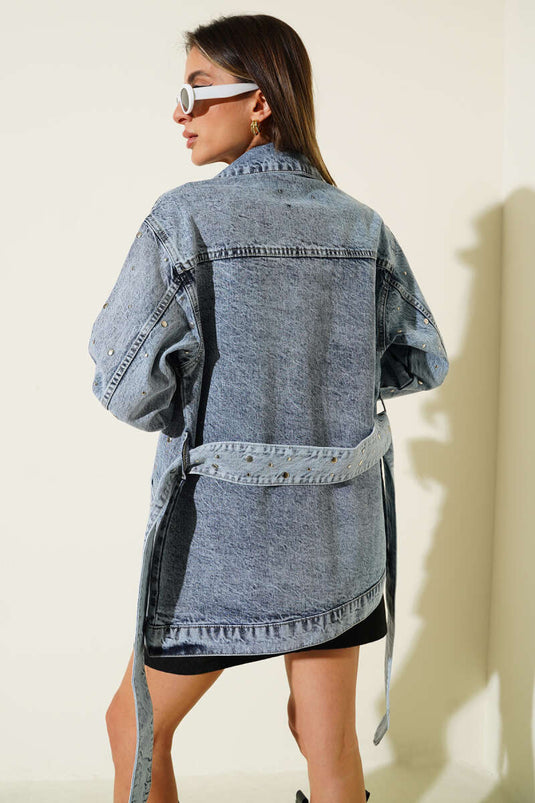 Jacket with White Belt and Shirt Collar, Denim Blue