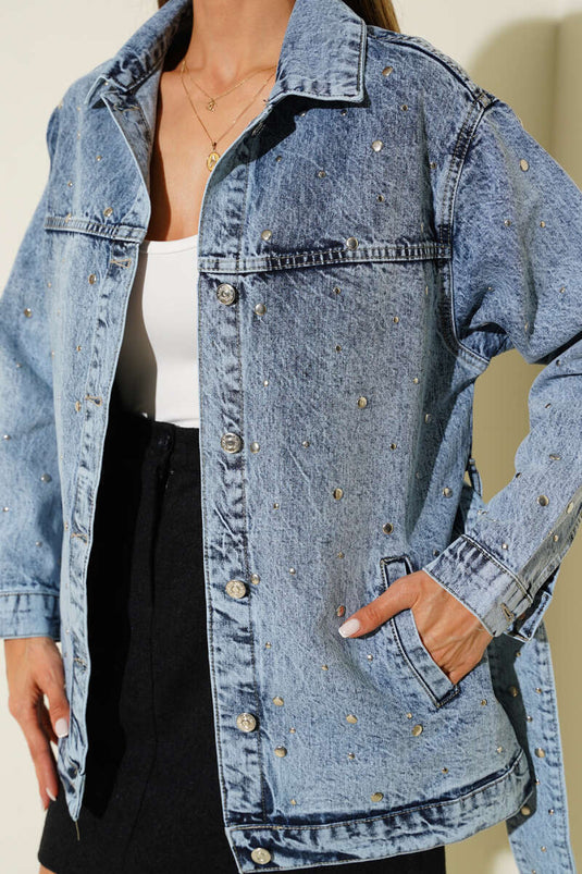 Jacket with White Belt and Shirt Collar, Denim Blue