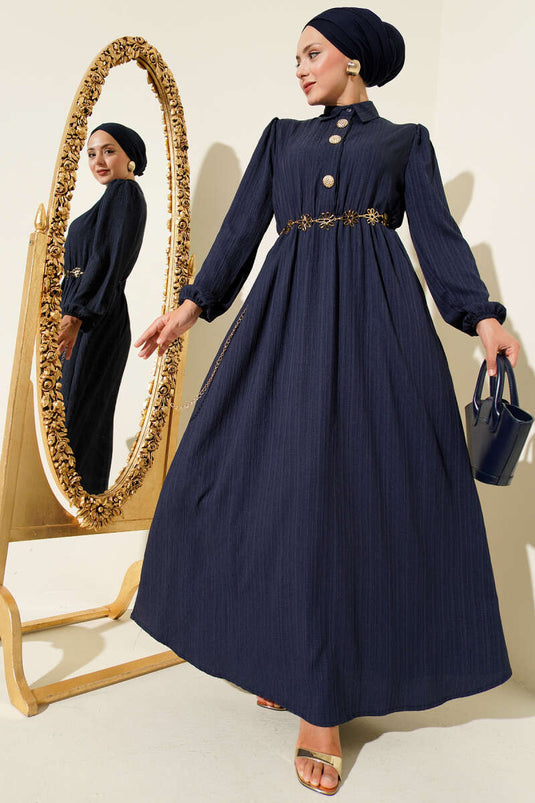 Bel Kuşaklı Krinkıl Elbise Lacivert