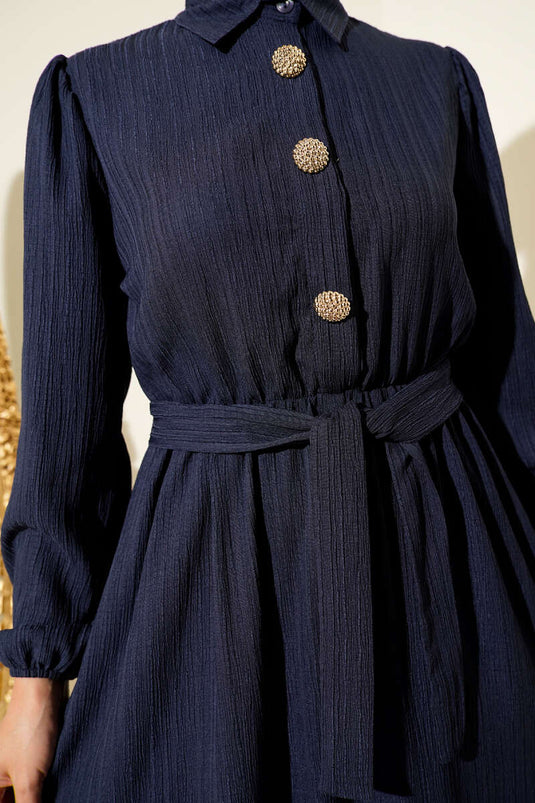 Bel Kuşaklı Krinkıl Elbise Lacivert