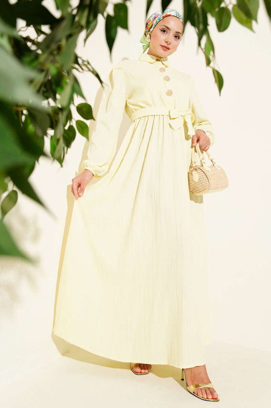 Bel Kuşaklı Krinkıl Elbise Sarı
