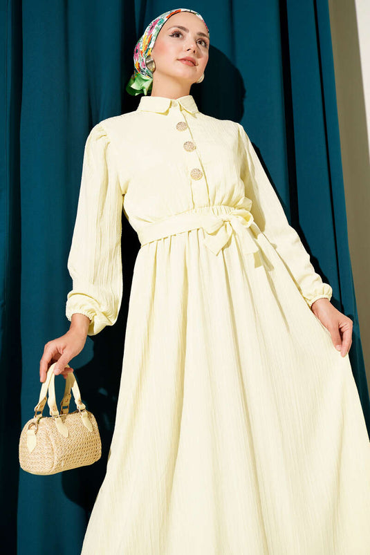 Bel Kuşaklı Krinkıl Elbise Sarı