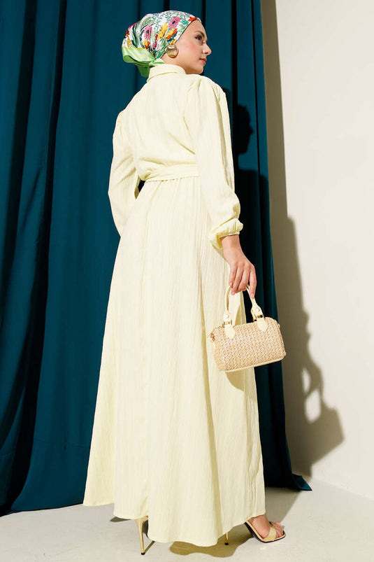 Bel Kuşaklı Krinkıl Elbise Sarı