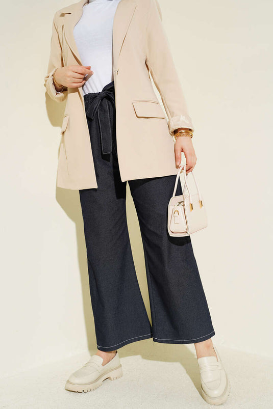 Belted Elastic Waist Navy Blue Pants