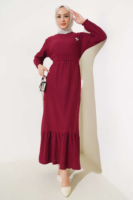 Robe à Volants Ceinturée à la Taille Rouge Claret