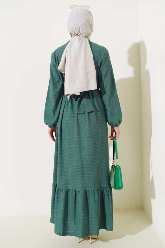 Robe à Volants Ceinturée à la Taille Vert