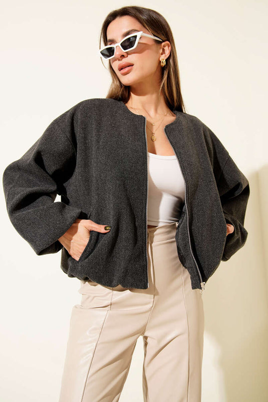Anthracite Cashmere Jacket with Elastic Waist Detail