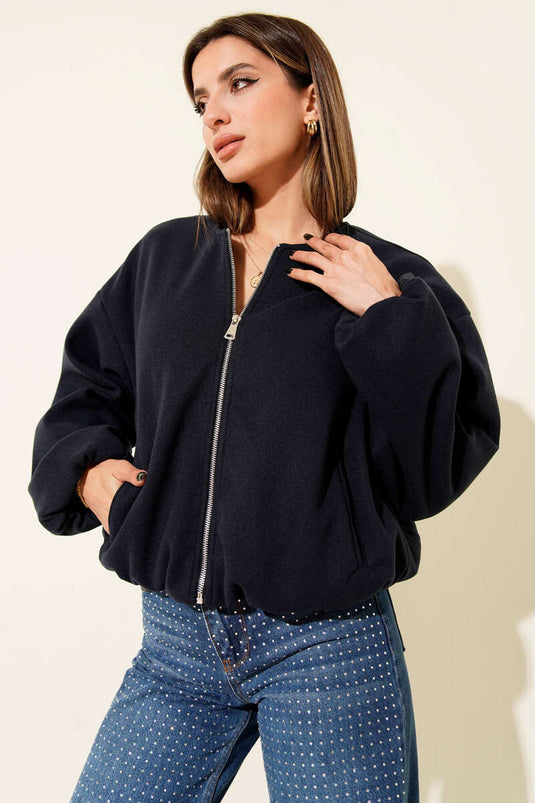 Bel Lastik Detaylı Kaşe Ceket Lacivert