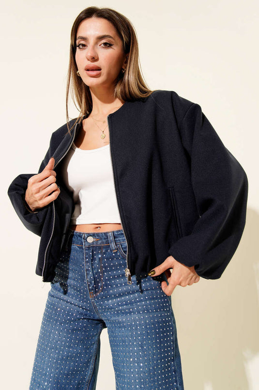 Bel Lastik Detaylı Kaşe Ceket Lacivert