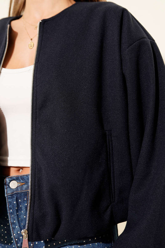 Bel Lastik Detaylı Kaşe Ceket Lacivert