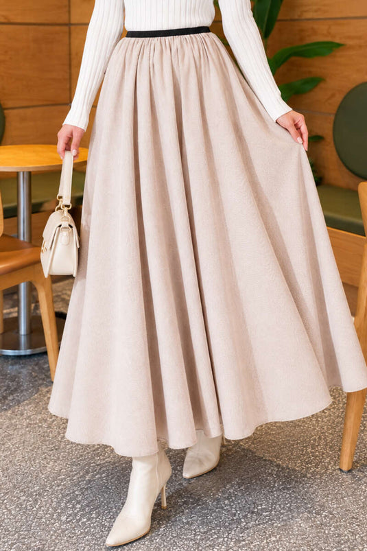 Falda Ancha Beige Con Cintura Elástica