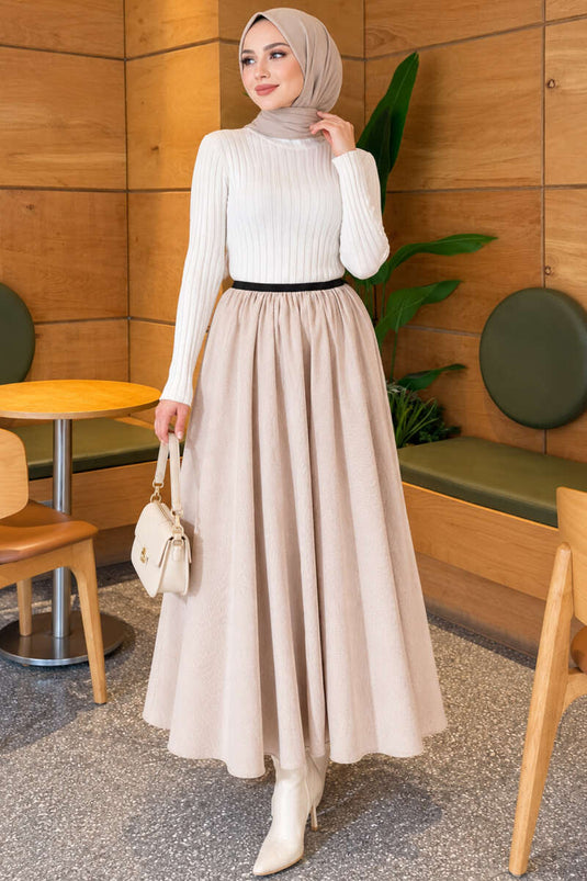 Falda Ancha Beige Con Cintura Elástica