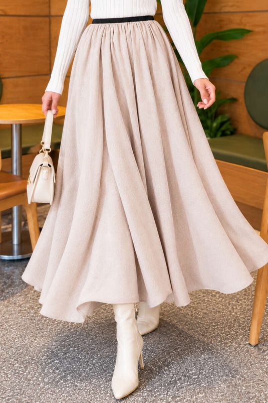 Falda Ancha Beige Con Cintura Elástica