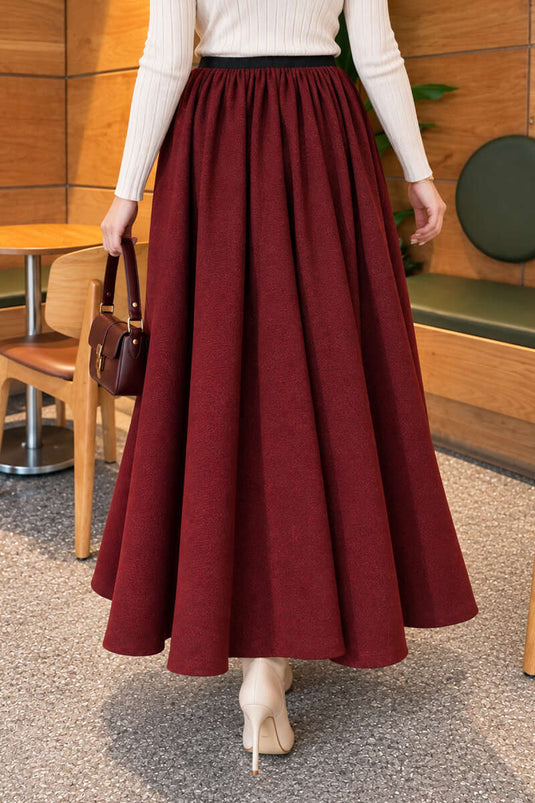 Falda Ancha Con Cintura Elástica Burdeos