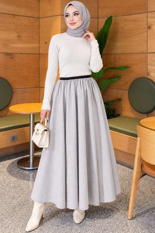 Falda Ancha Gris Con Cintura Elástica