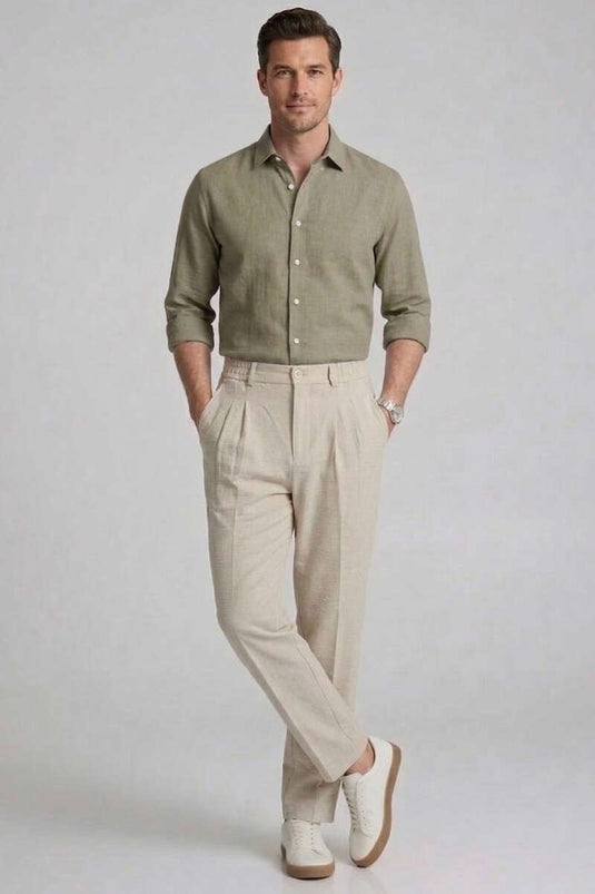 Beige Linen Men's Pants with Belt Elastic Detail and Pleats