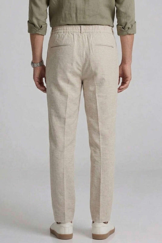 Beige Linen Men's Pants with Belt Elastic Detail and Pleats