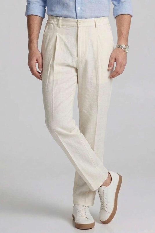 Belgummierter, plissierter Leinen-Herrenhose Weiß
