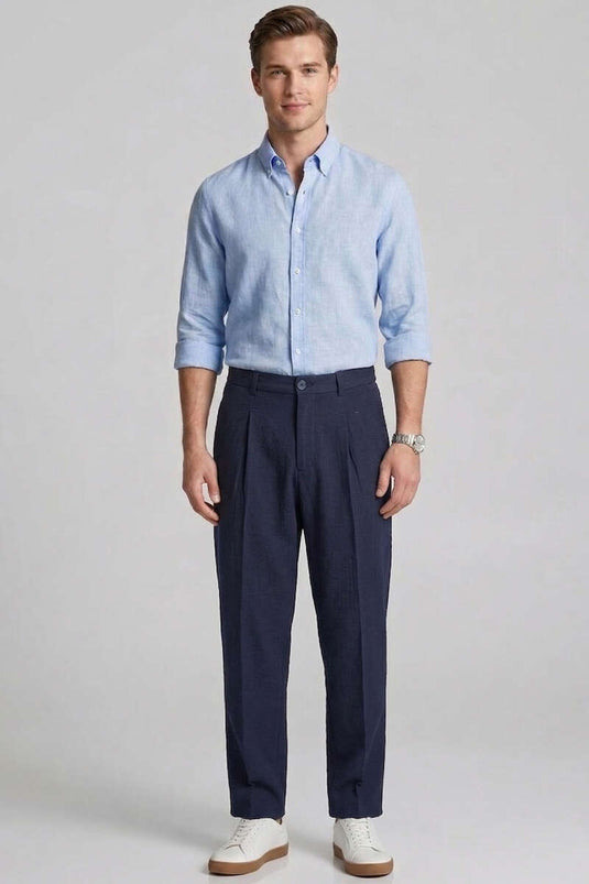 Pantalon homme en lin plissé avec détail élastique bleu marine