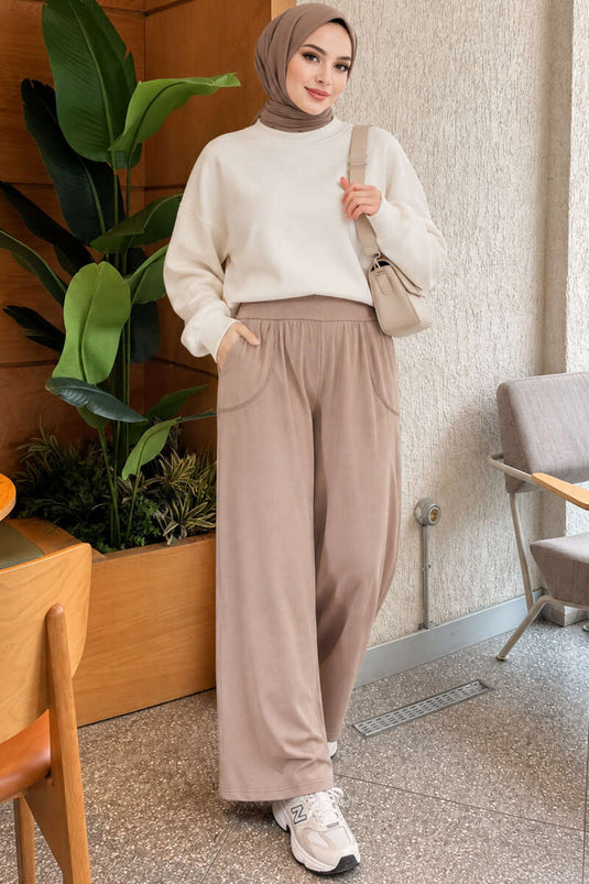 Pantalon Large Beige À Taille Élastiquée