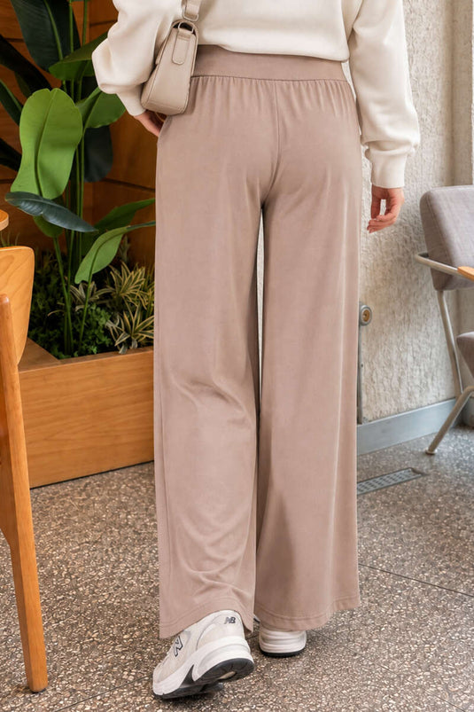 Pantalon Large Beige À Taille Élastiquée