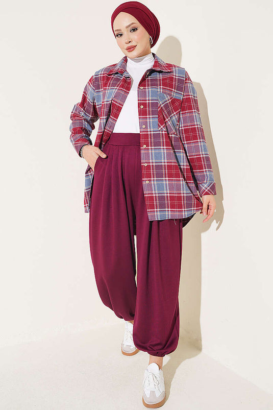 Bel Lastik Detaylı Şalvar Pantolon Mürdüm