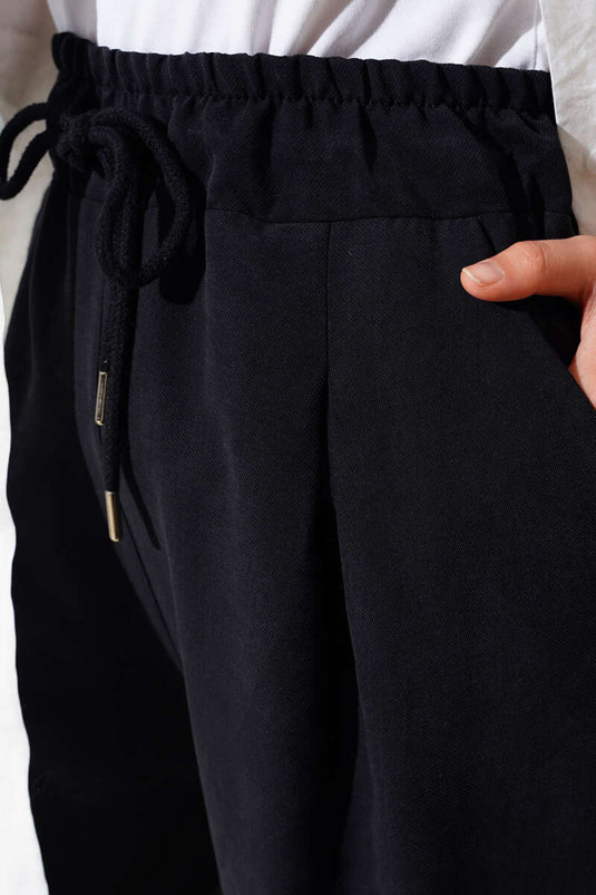 Pantalon Tencel Élastique à Taille Noir