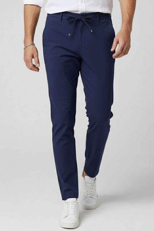 بنطال رجالي بخصر مطاطي ورباط، لون كحلي