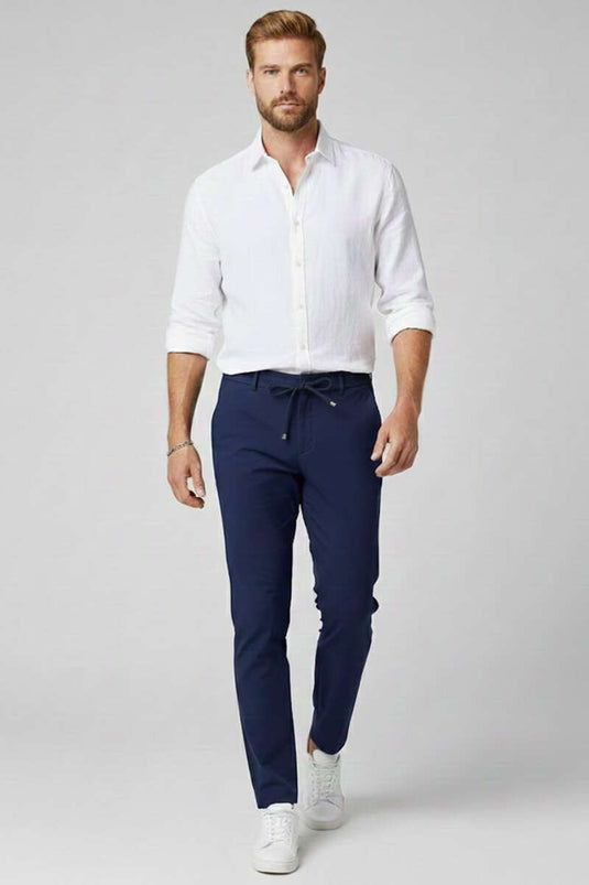 Men's Trousers with Elastic Waistband and Drawstring, Navy Blue