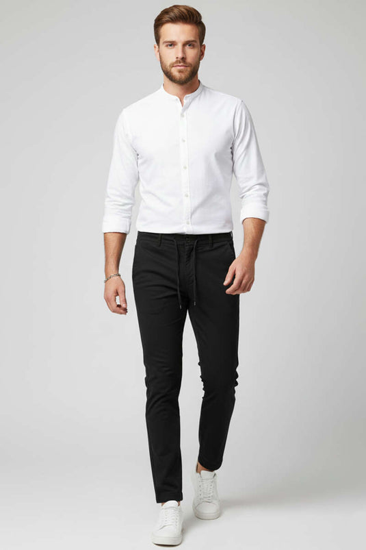 Men's Trousers with Elastic Waistband and Drawstring, Black