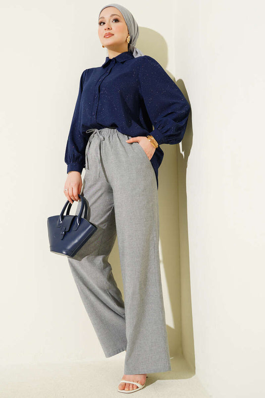 Pantalon large gris à taille élastique et cordon de serrage