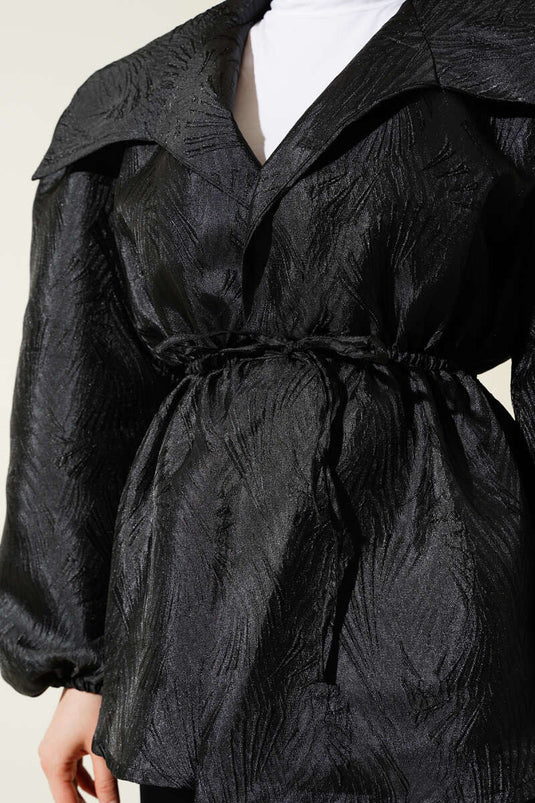 Elastic Waist Balloon Sleeve Jacquard Jacket Black