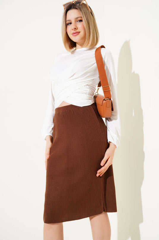 Elastic Waist Basic Knit Midi Skirt Brown