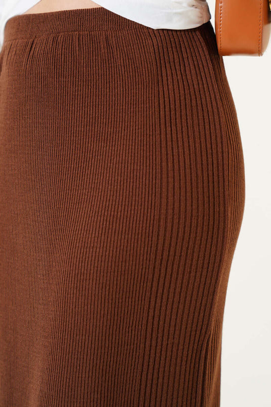 Elastic Waist Basic Knit Midi Skirt Brown