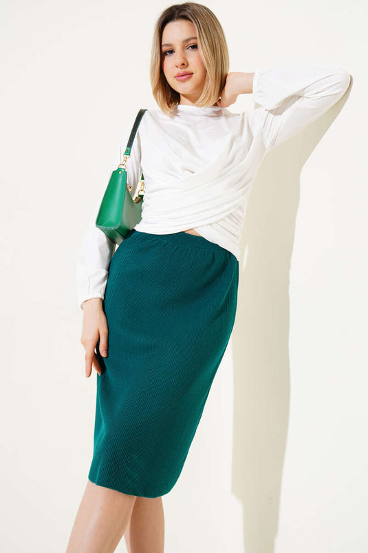 Elastic Waist Basic Knit Midi Skirt Emerald
