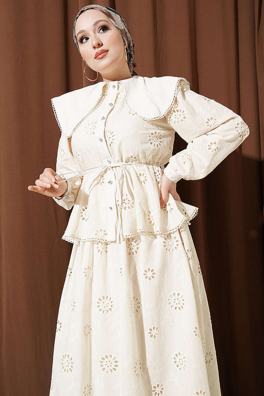 Beige Set with Elastic Waist, Baby Collar, and Embroidered Skirt
