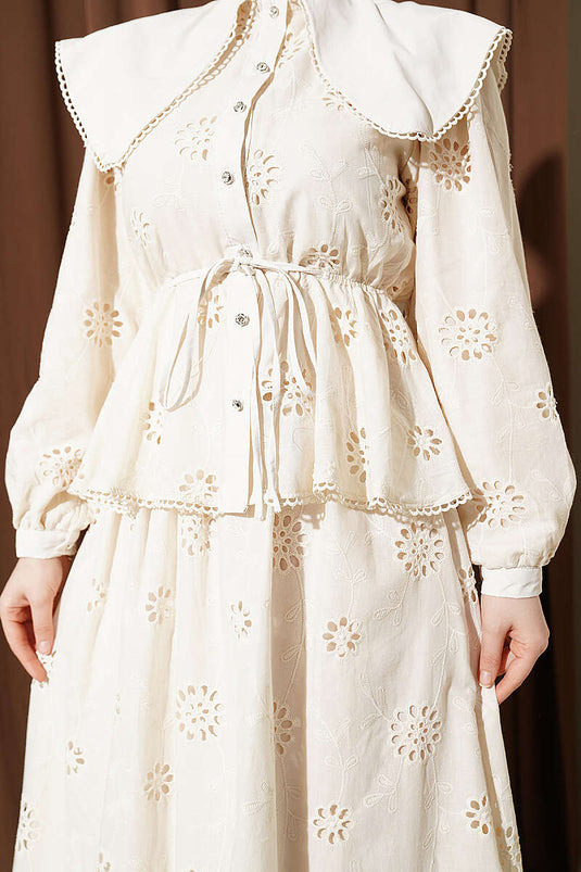 Beige Set with Elastic Waist, Baby Collar, and Embroidered Skirt