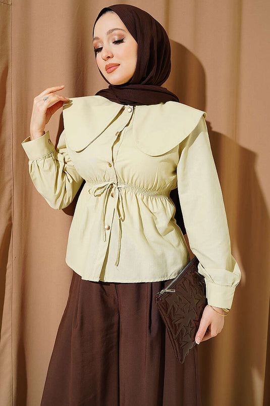 Chemisier court à col bébé avec élastique, couleur vert olive