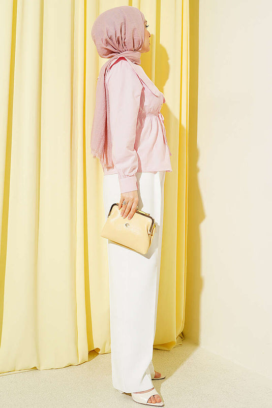 Belted Baby Collar Short Shirt Pink