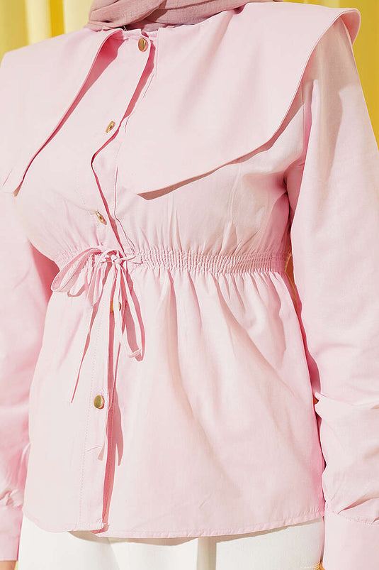 Belted Baby Collar Short Shirt Pink