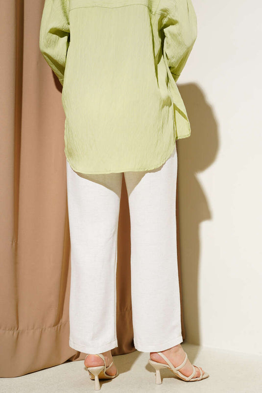 Pantalon large en lin beige à taille élastique