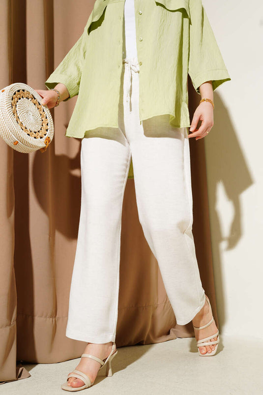 Pantalon large en lin beige à taille élastique