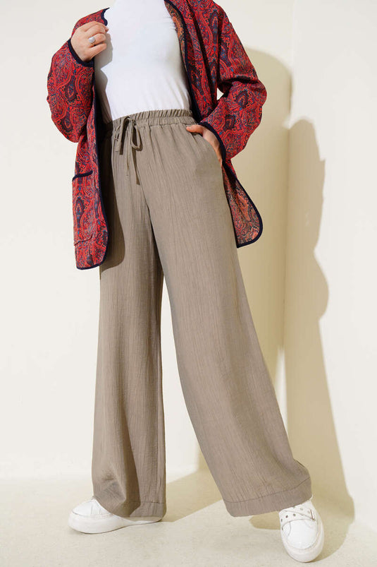 Bel Lastikli Bol Paça Pantolon Küf Yeşili