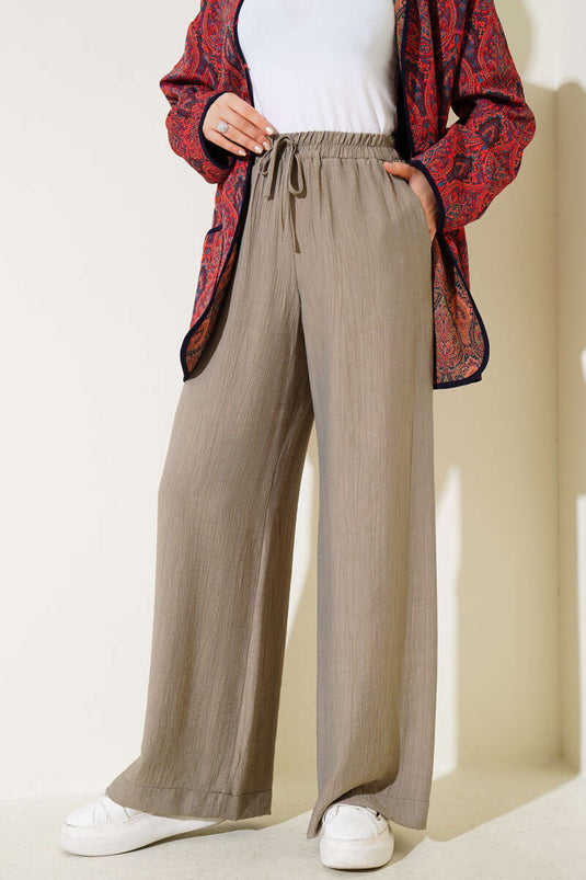 Bel Lastikli Bol Paça Pantolon Küf Yeşili