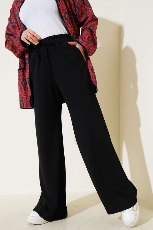 Elastic Waist Wide Leg Trousers Black