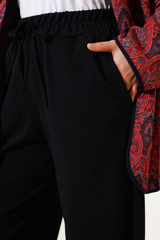 Elastic Waist Wide Leg Trousers Black