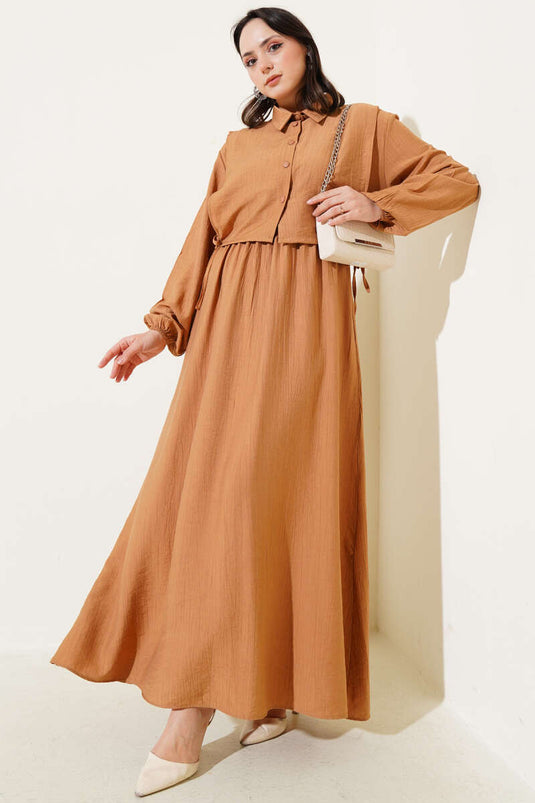 Bel Lastikli Bolerolu Elbise Latte