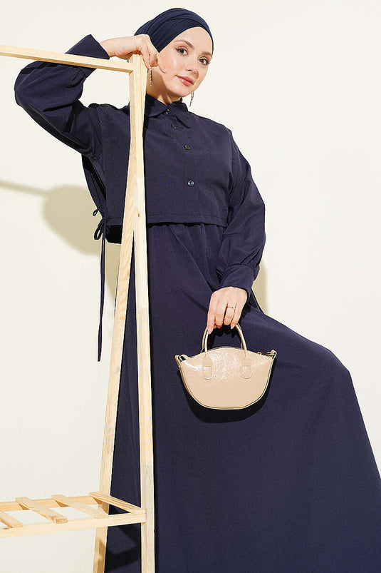 Navy Terikoton Dress with Belt and Elastic Waist
